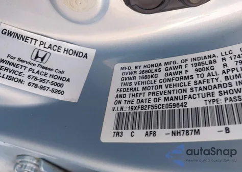 2012 Honda Civic Lx z USA, uszkodzony, nr VIN 19XFB2F55CE059642
